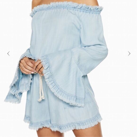 Ramy Brook Esie Chambray Romper Size XS Long Bell Sleeves Off the Shoulder - Picture 2 of 10
